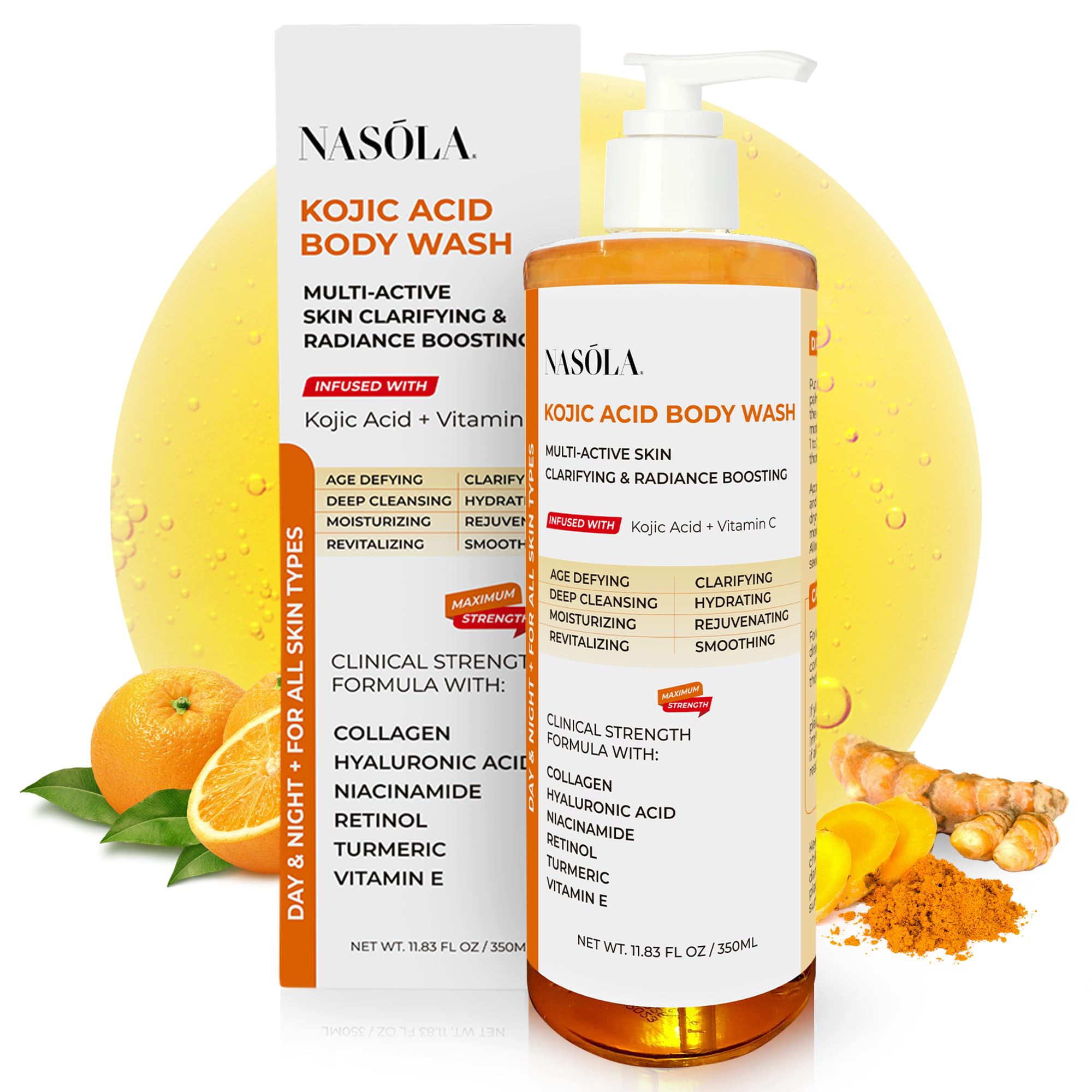 Nasola Kojic Acid Body Wash bottle front, brightening cleanser for daily radiance.