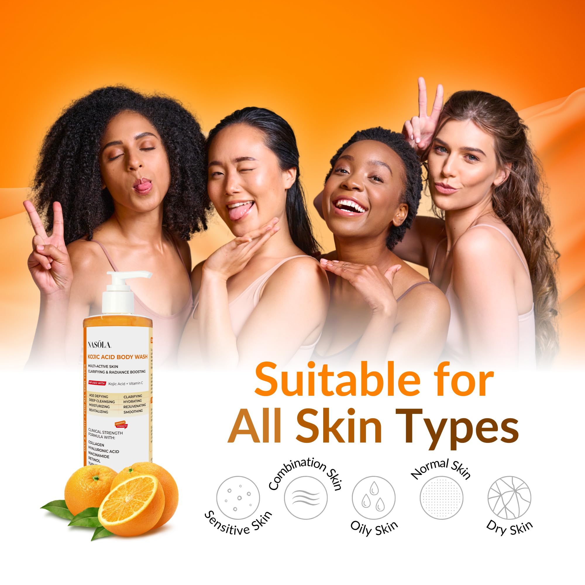 Nasola Kojic Acid Body Wash niacinamide-hyaluronic shot showcases hydrating exfoliation for smoother skin.