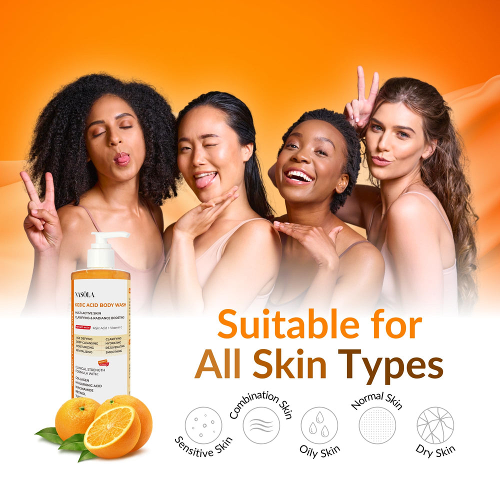 Nasola Kojic Acid Body Wash niacinamide-hyaluronic shot showcases hydrating exfoliation for smoother skin.