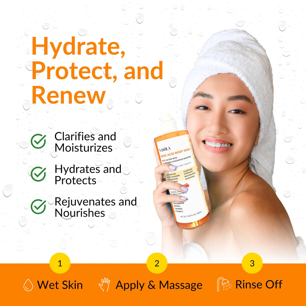 Nasola Kojic Acid Body Wash lather-foam highlights rich texture with turmeric infusion.