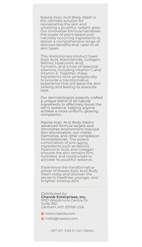 Nasola Kojic Acid Body Wash packaging-care scene reinforces daily cleanse and sunscreen reminder.