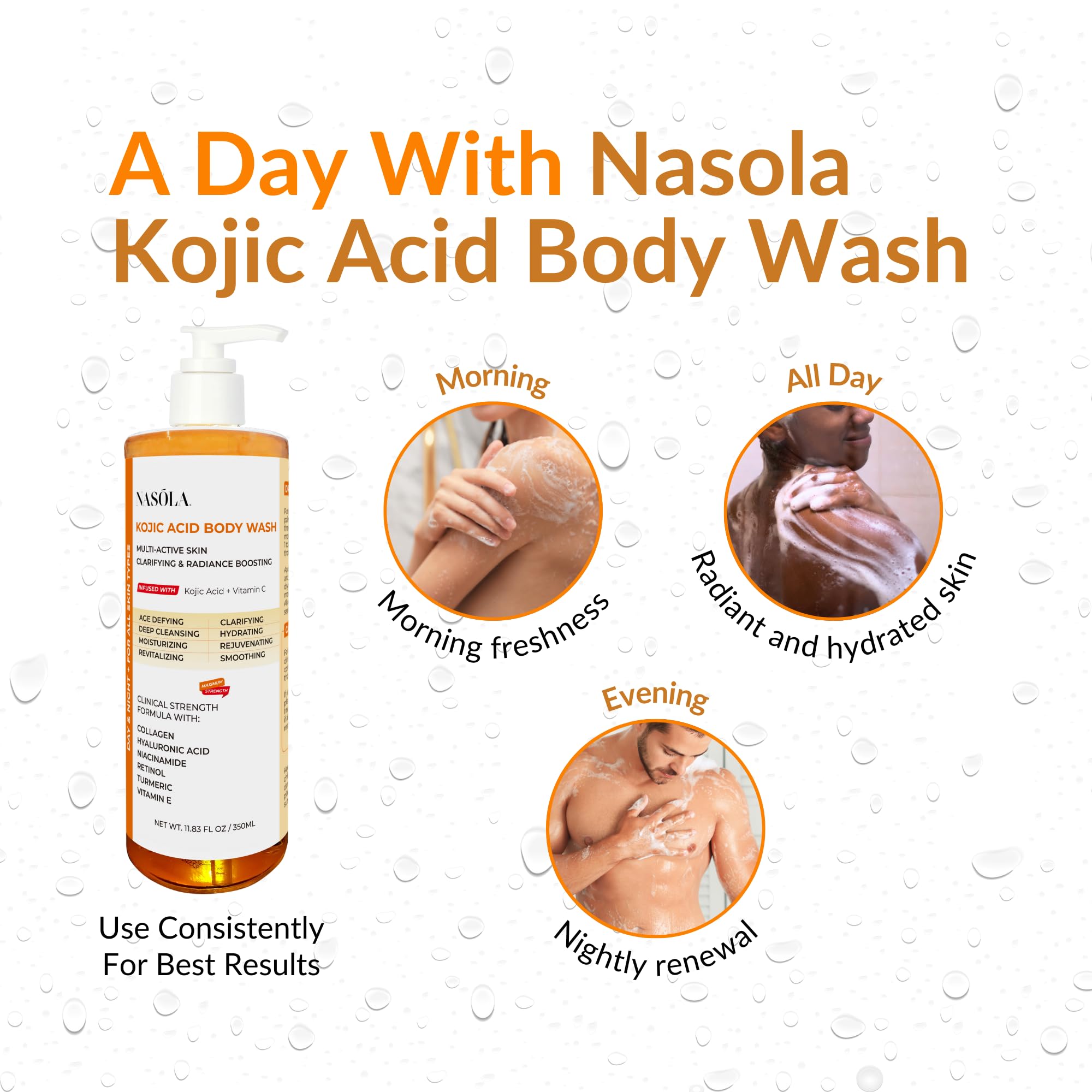 Nasola Kojic Acid Body Wash turmeric-vitamin-c shot emphasizes refreshed, glowing appearance after use.