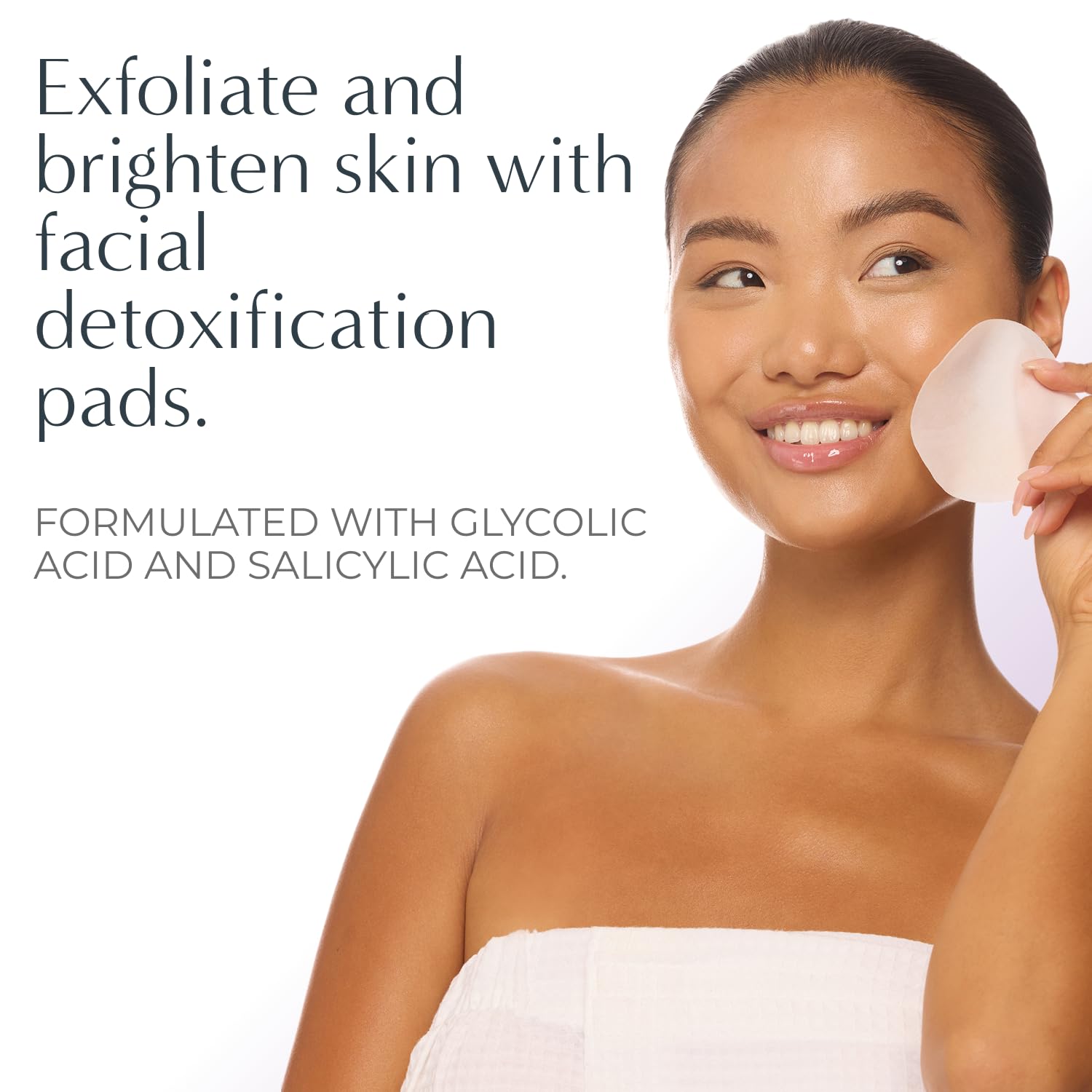 NassifMD Exfoliating Detox Pads application on cheek demonstrates gentle cleansing and brighter look