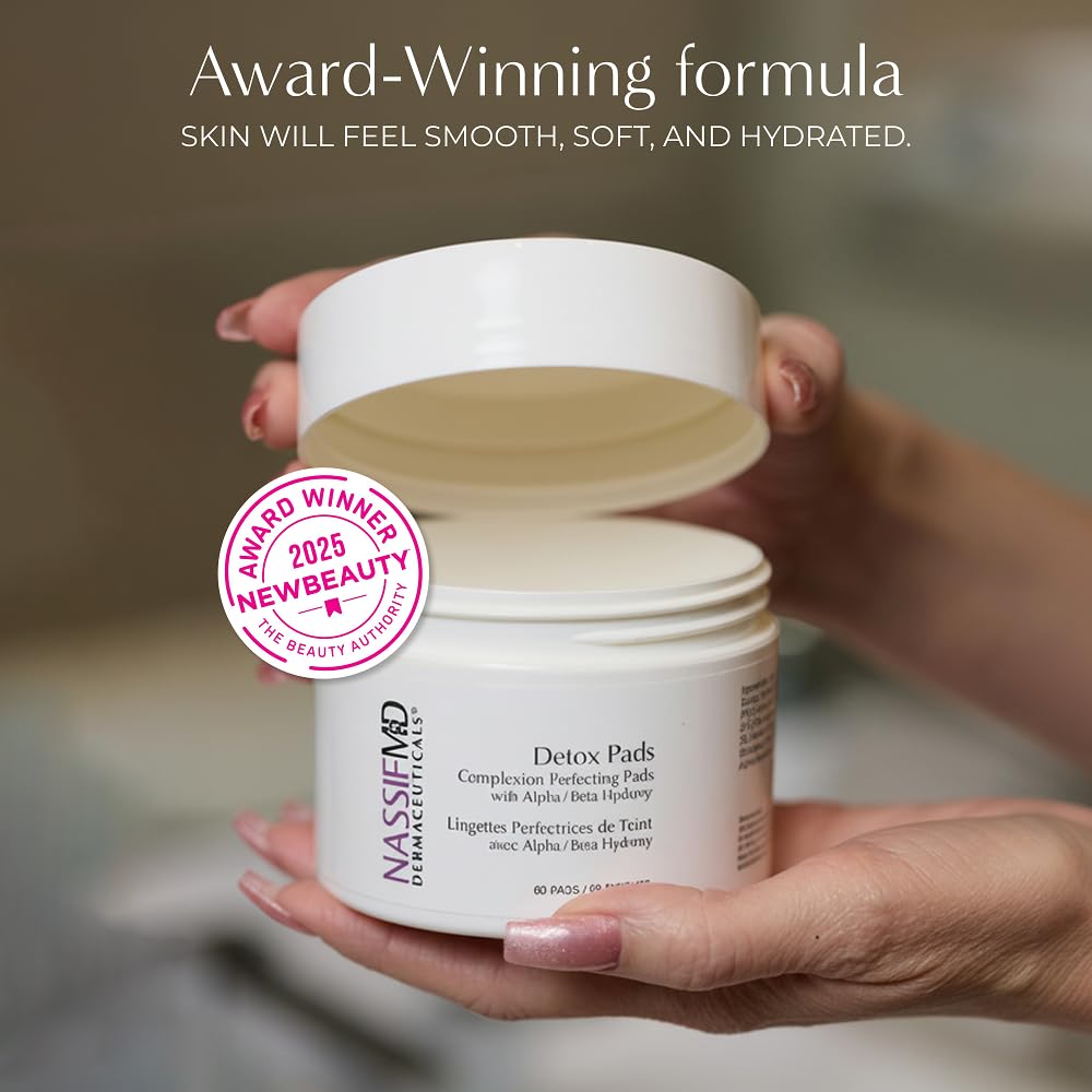 NassifMD Exfoliating Detox Pads jar on counter suggests deep cleansing and pore refinement