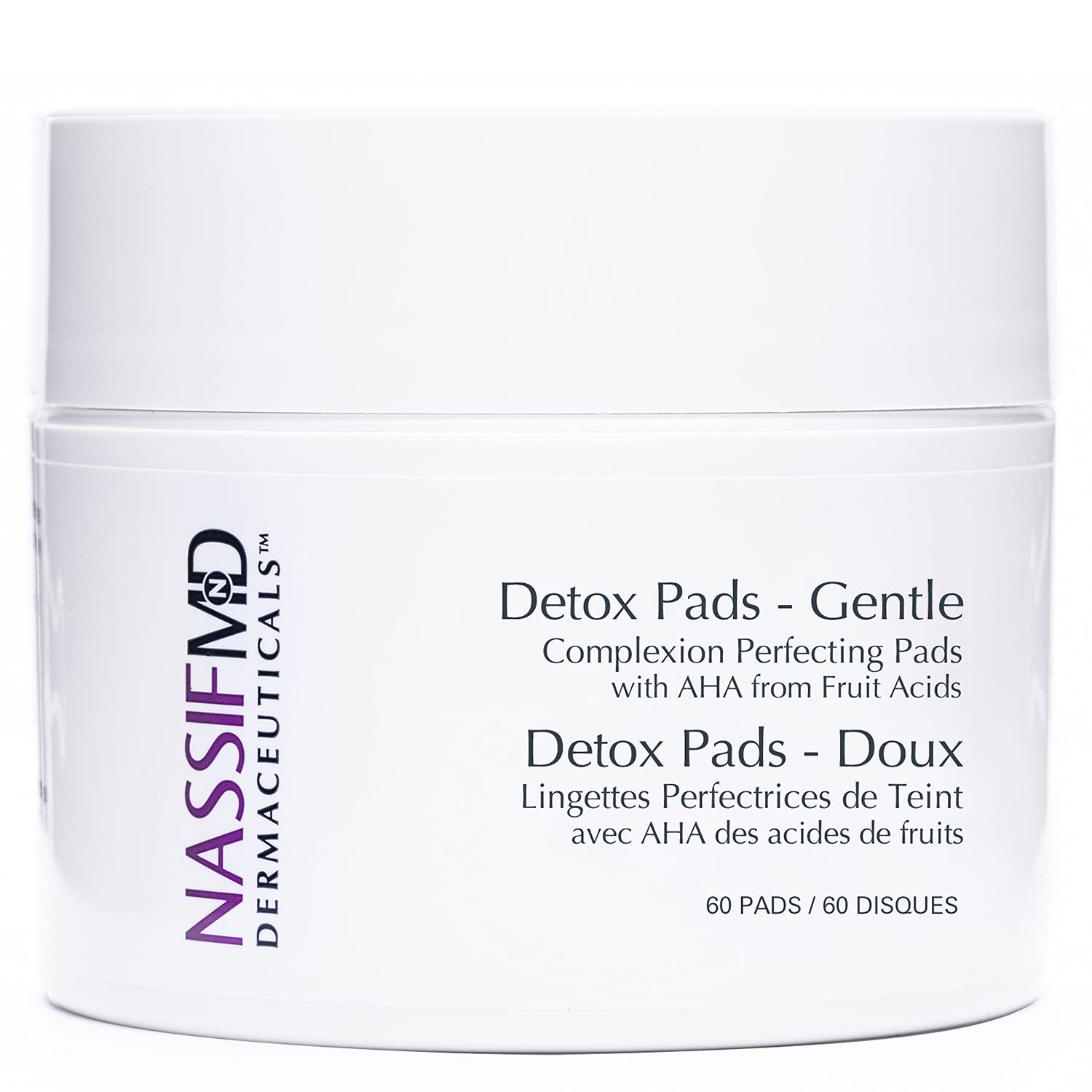 NassifMD Gentle Detox Pads box front with gentle exfoliation for sensitive skin.