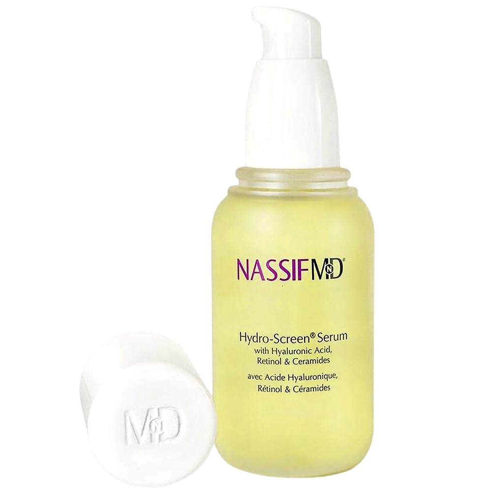 NassifMD Hydro-Screen serum bottle shows hydrating formulation for soft, supple skin.