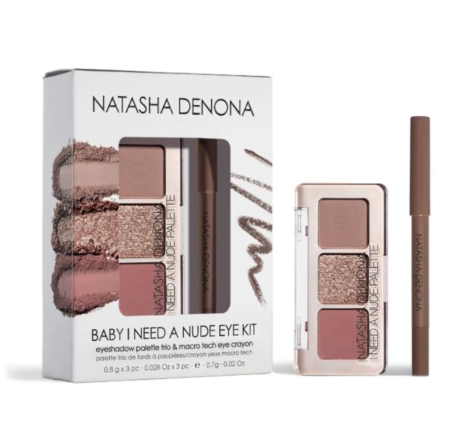 Natasha Denona Baby I Need A Nude Kit palette trio swatches in creamy taupe for versatile looks.