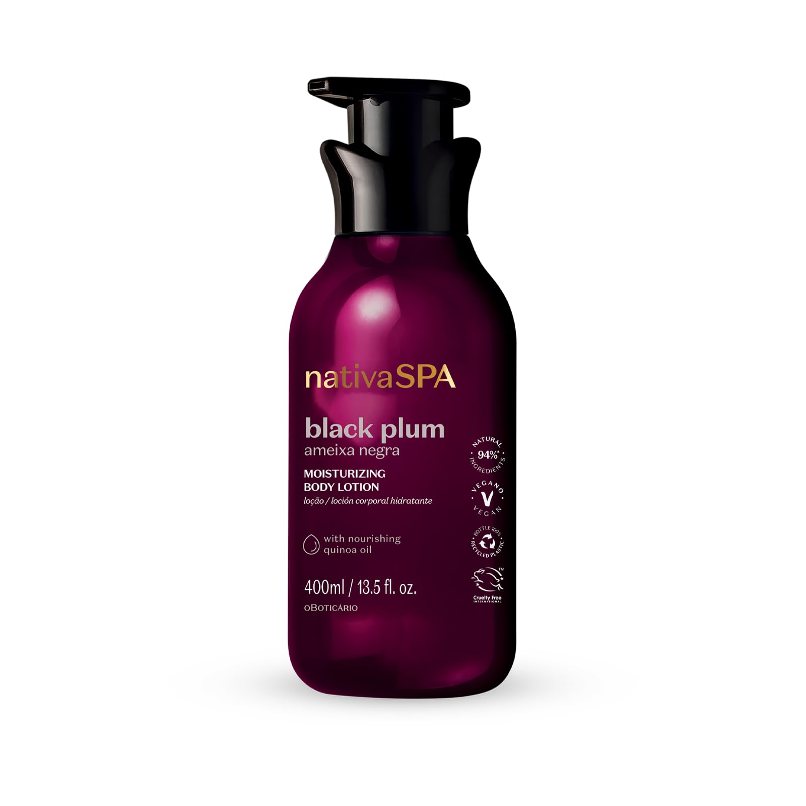 Nativa Spa Black Plum lotion bottle shows sleek packaging for long-lasting hydration.