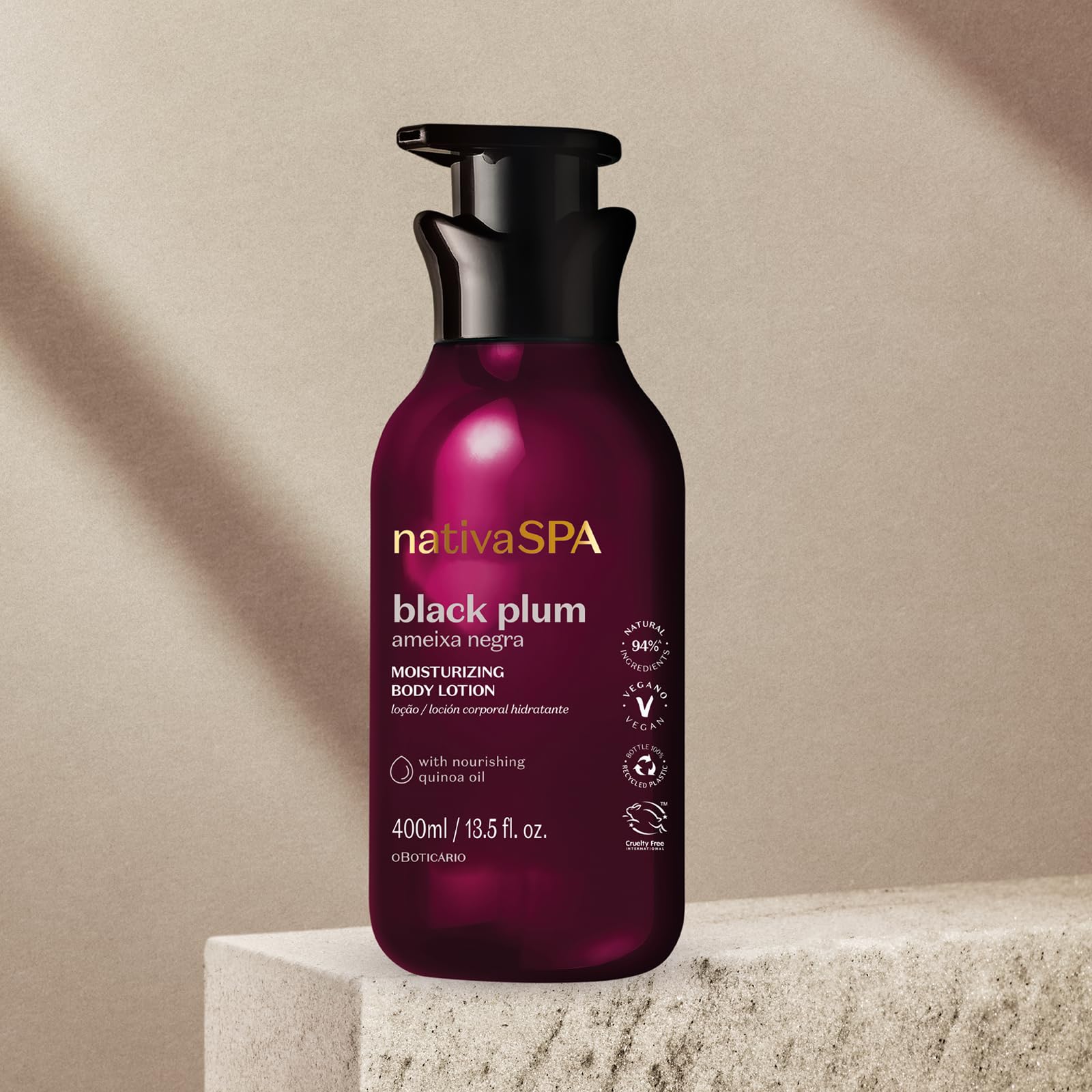 Nativa Spa Black Plum bottle on daily-use display for hydration.