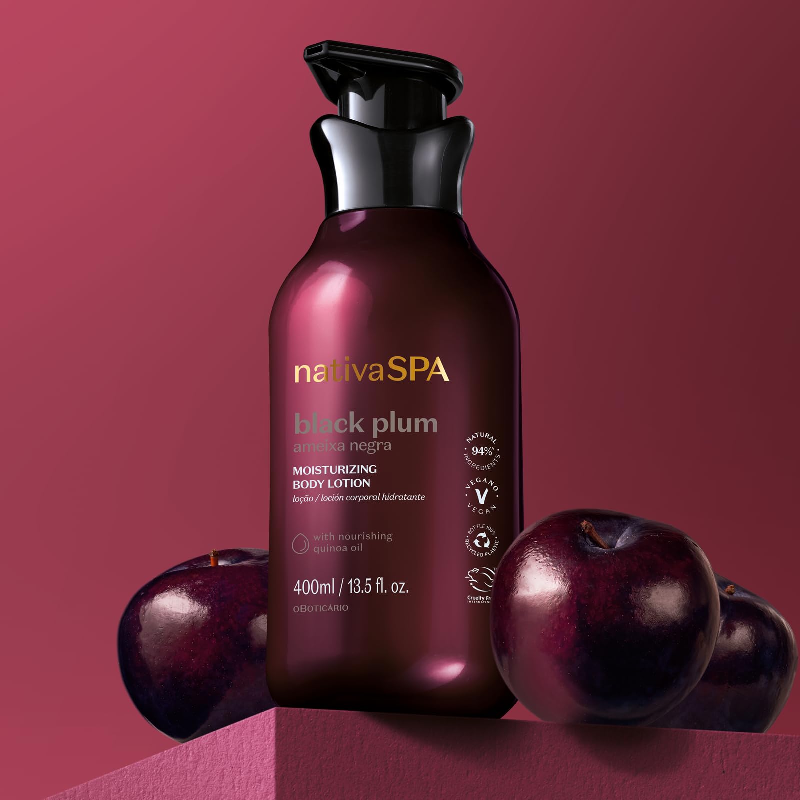 Nativa Spa Black Plum ingredient list graphic emphasizes omega-rich quinoa oil.