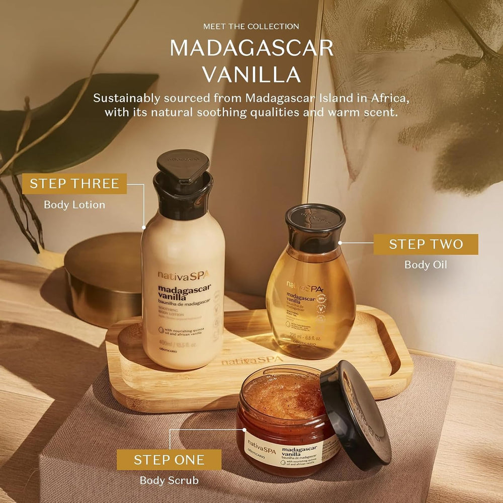 NATIVA SPA Madagascar Vanilla Body Oil eco-packaging emphasizes vegan, Brazil-made ethics.