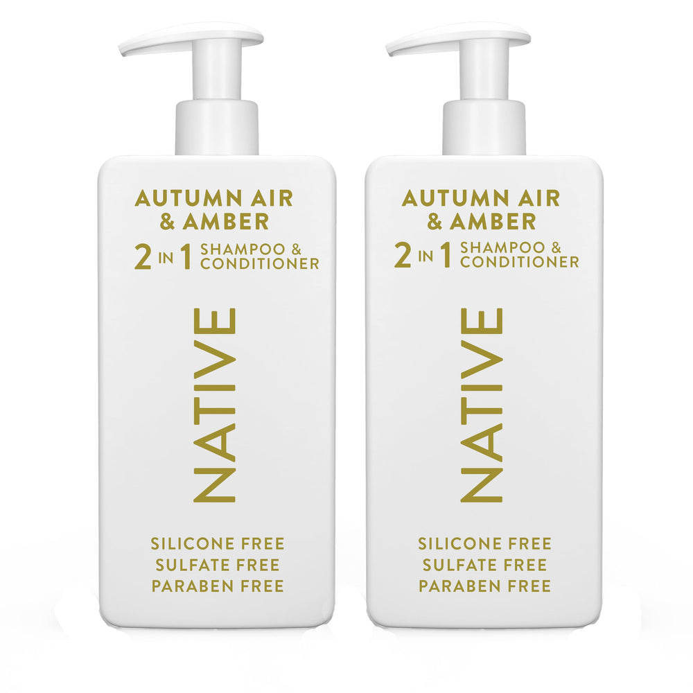 Native 2-in-1 Autumn Air & Amber shampoo bottle featuring strengthening lather for vibrant hair.