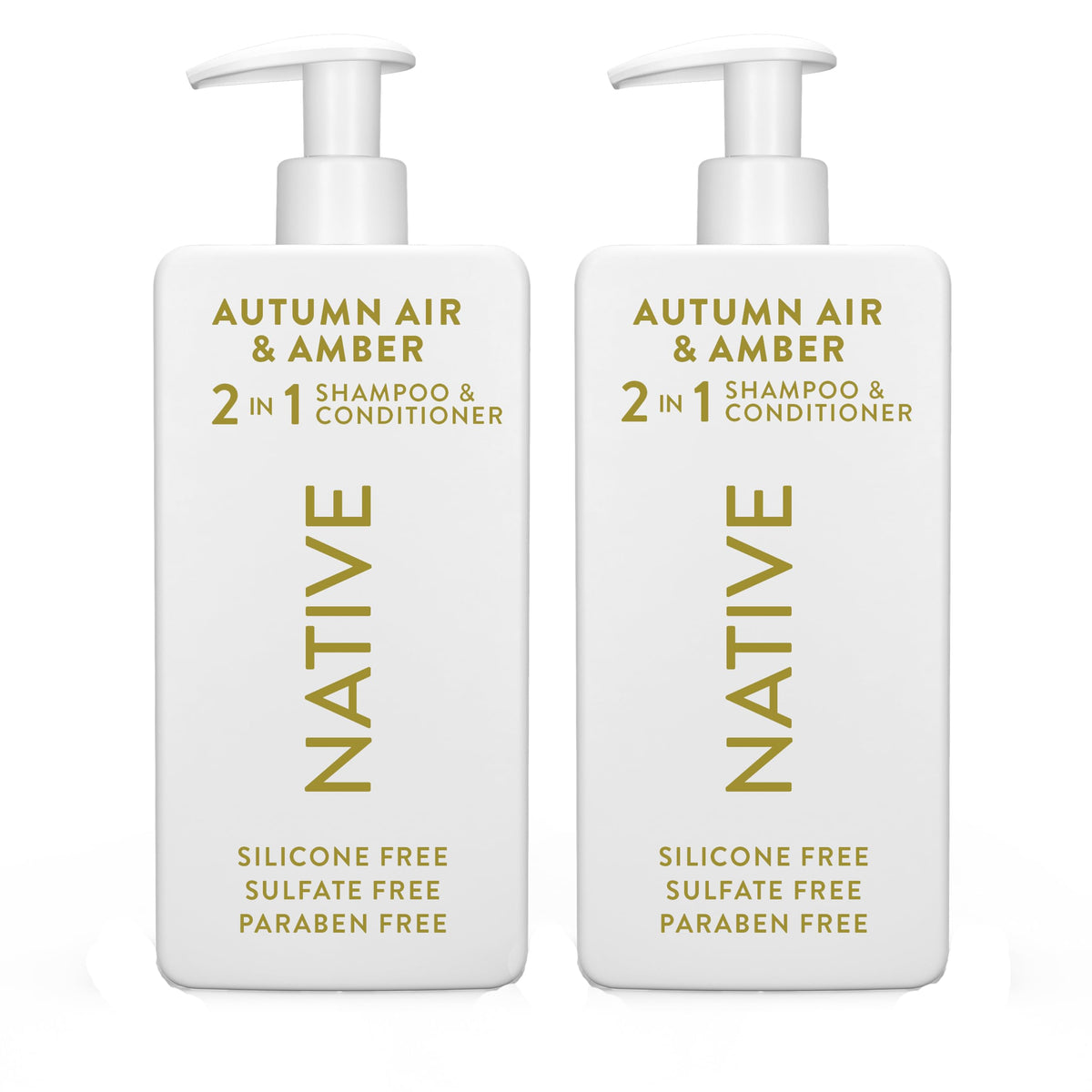 Native 2-in-1 Autumn Air & Amber shampoo bottle featuring strengthening lather for vibrant hair.