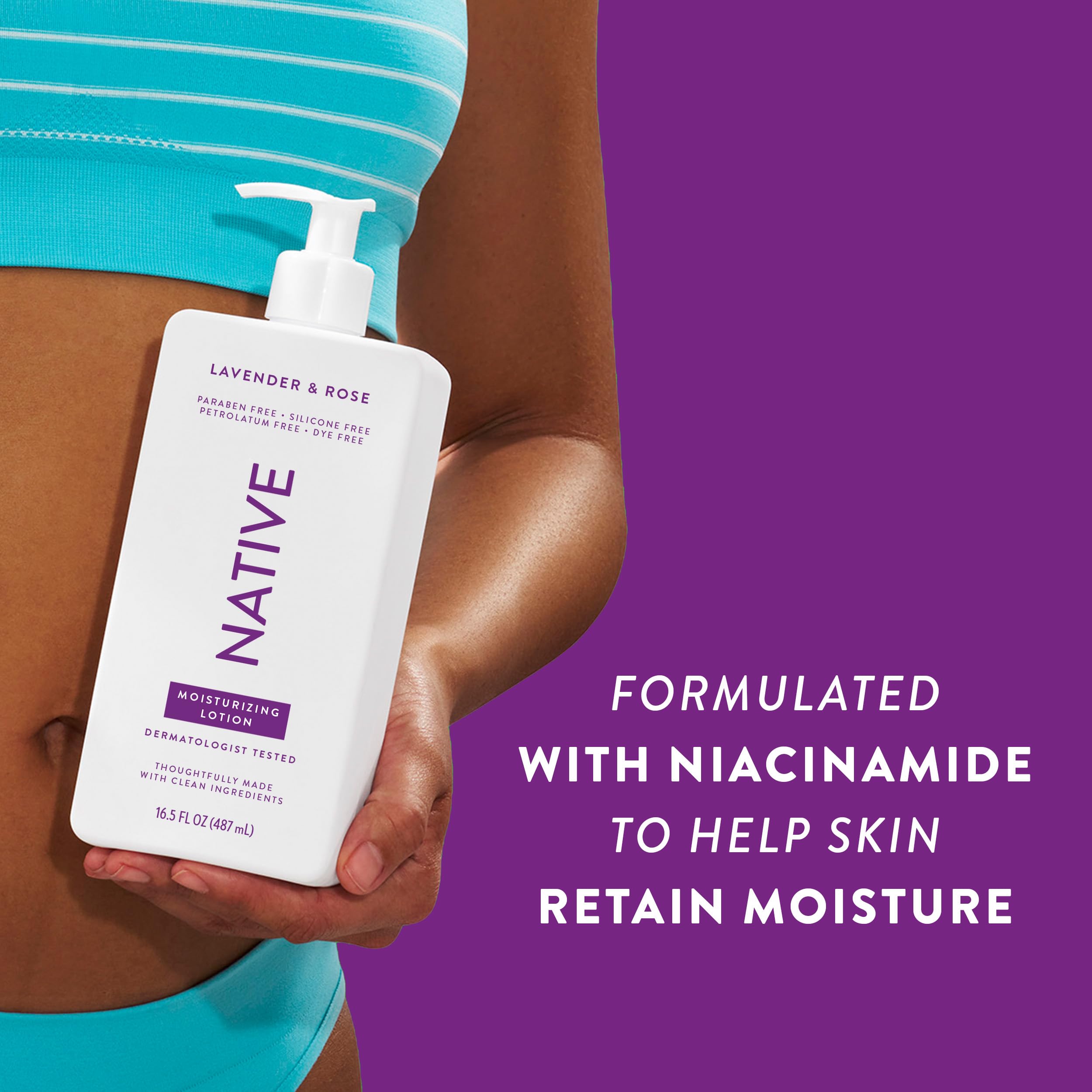 Native Body Lotion bottle packaging shows a generous 16.5 oz supply.