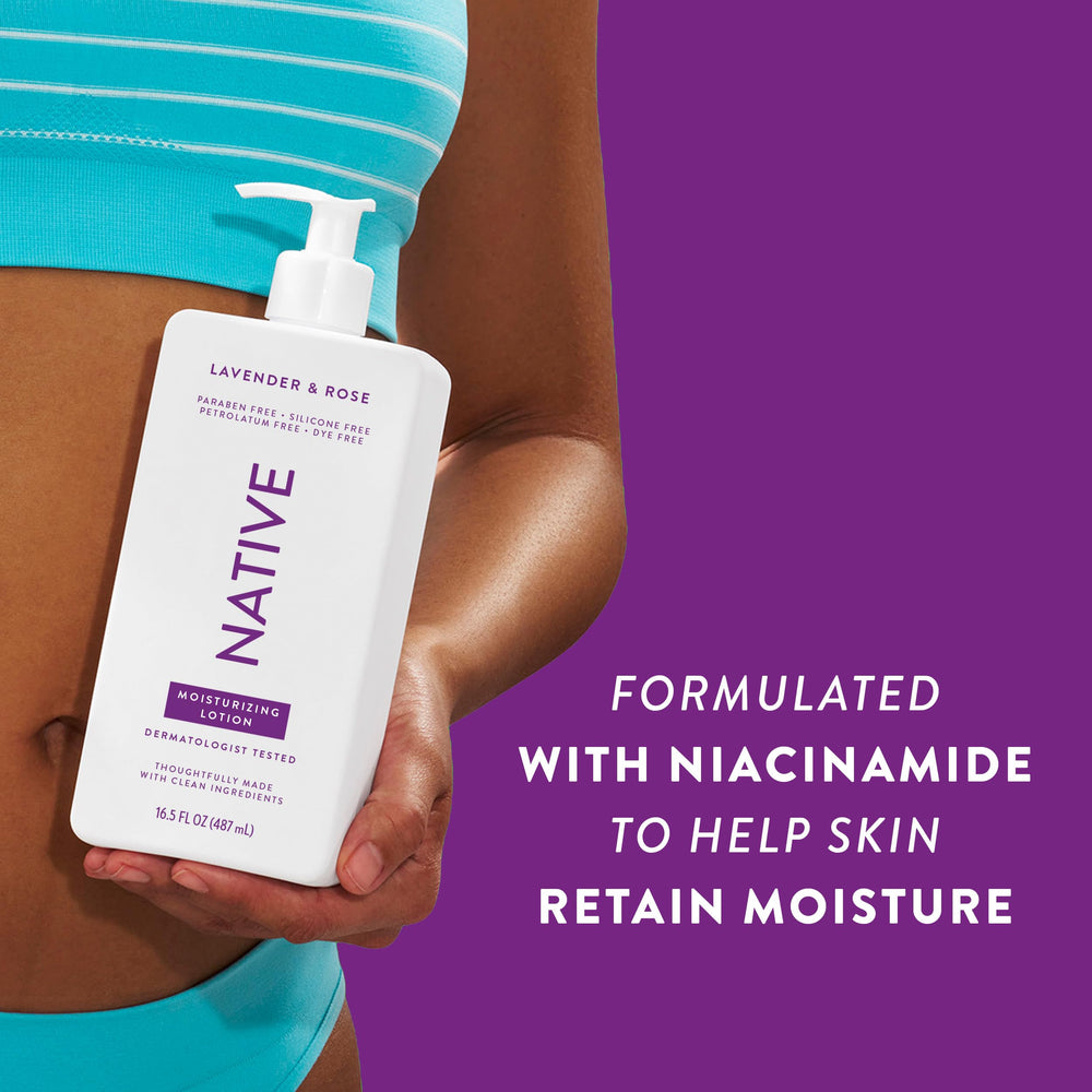 Native Body Lotion bottle packaging shows a generous 16.5 oz supply.