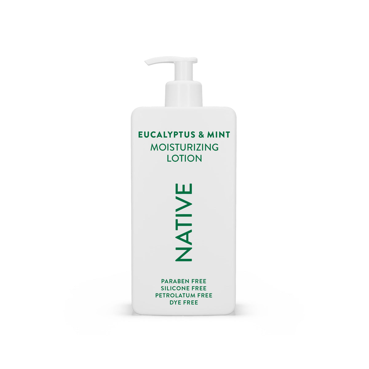 Native Body Lotion bottle front with eucalyptus-mint label for daily moisturization.