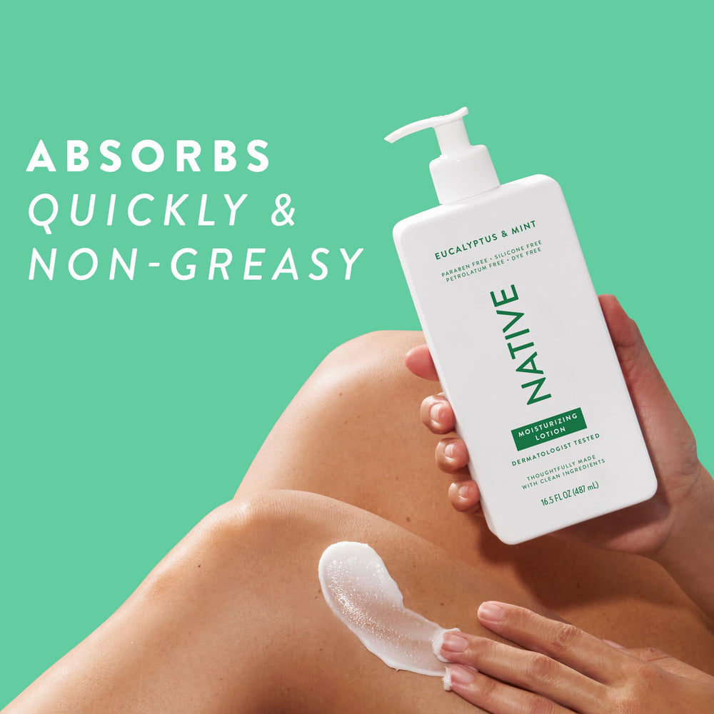 Native Body Lotion ingredients-plant-based panel highlights natural moisturizers for nourished skin.