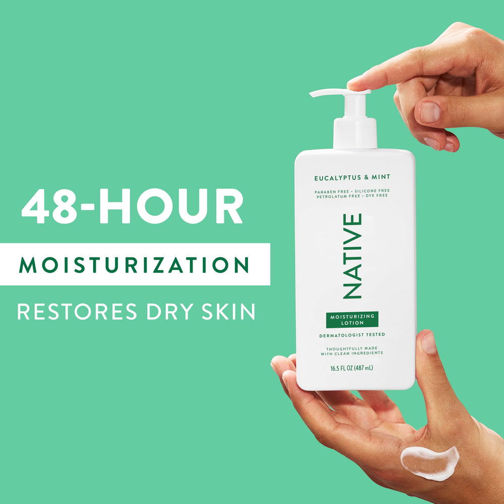 Native Body Lotion label-eucalyptus-mint packaging evokes spa-like aroma and refreshing ritual.