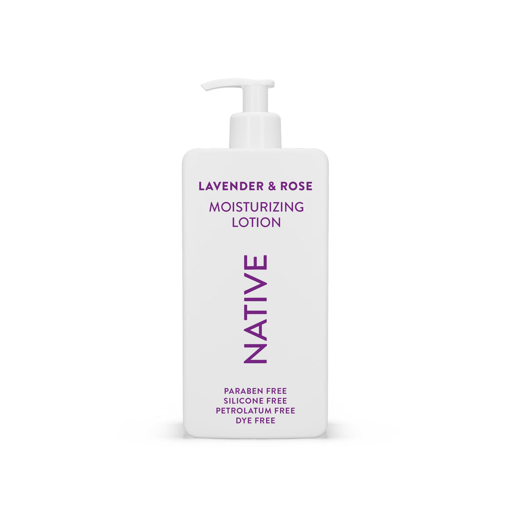 Native Body Lotion lavender-rose bottle shows plant-based moisture for daily hydration.