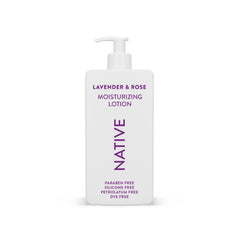 Native Body Lotion lavender-rose bottle shows plant-based moisture for daily hydration.