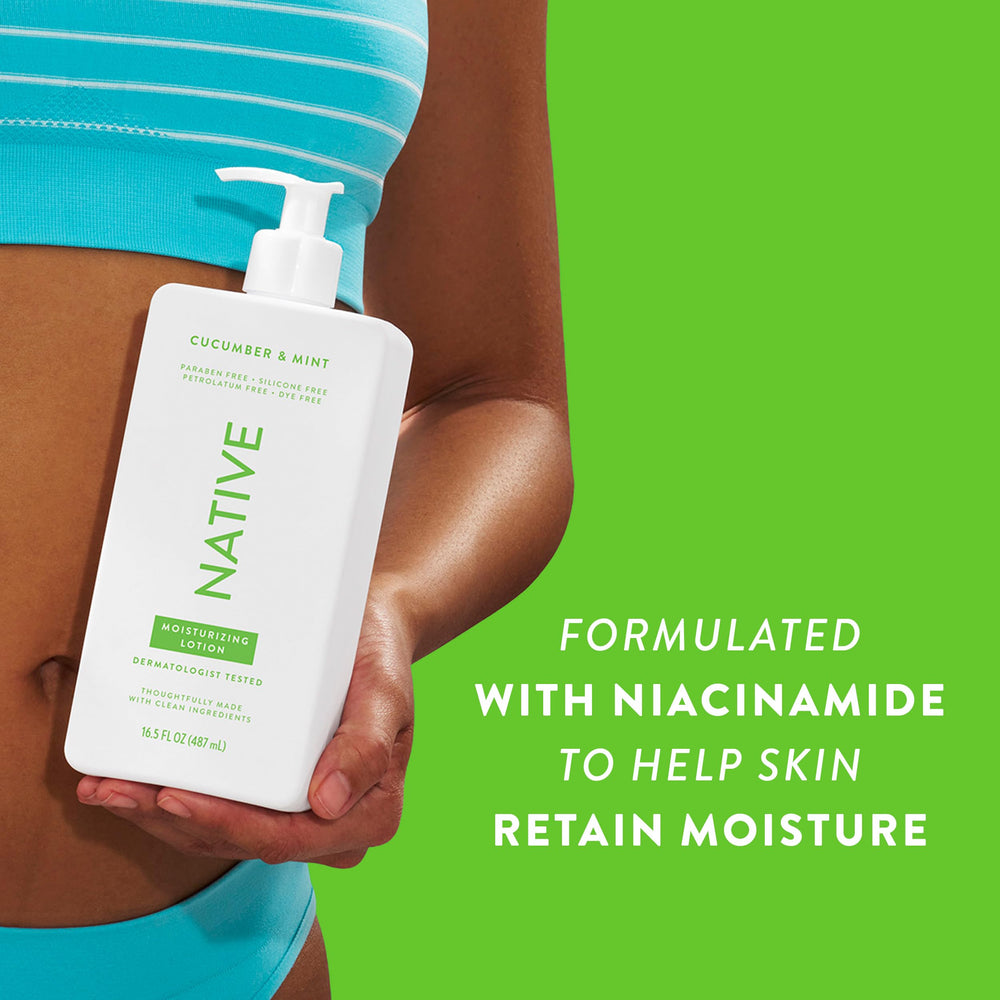 Native Body Lotion ingredients panel reveals plant-based moisturizers for skin comfort.