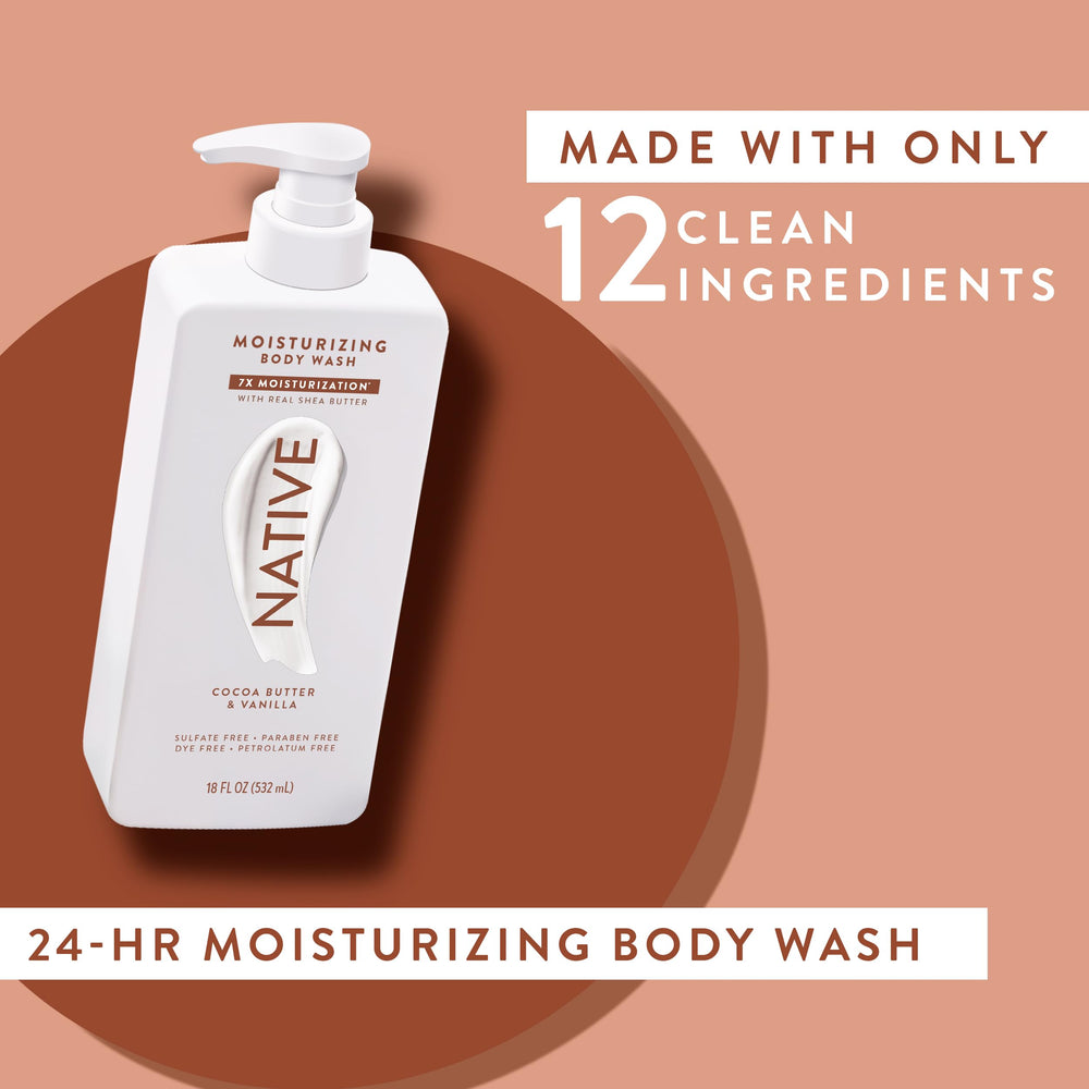 Native Body Wash 18 oz packaging suggests long-lasting hydration for daily routines.