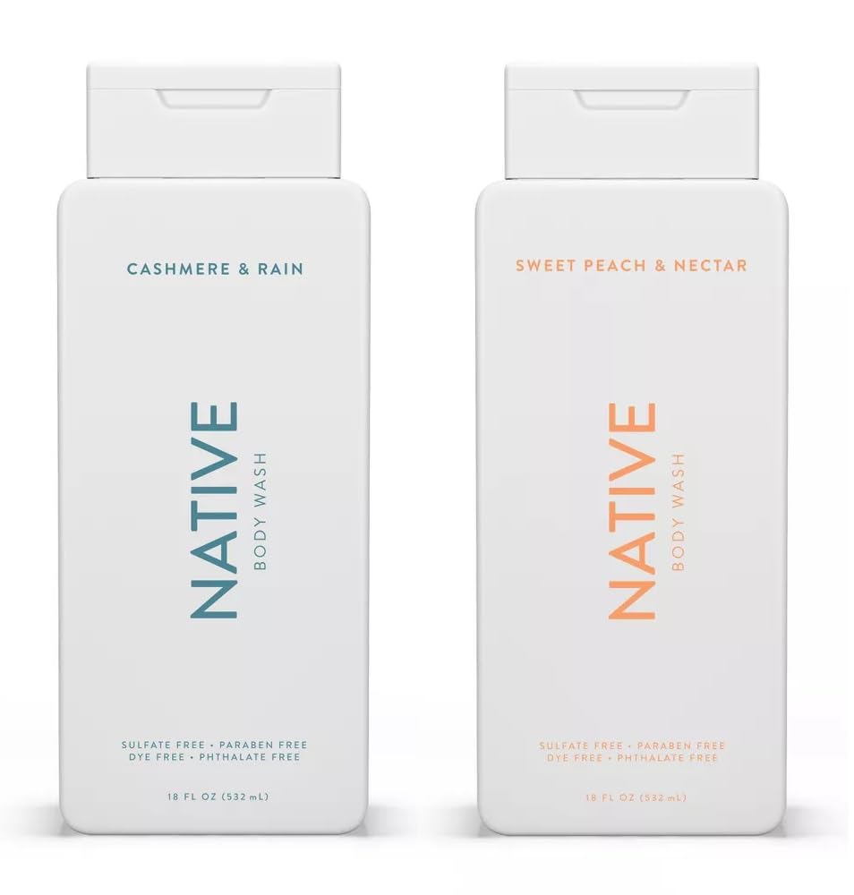 Native Body Wash 2-Pack bottle featuring Sweet Peach Nectar and Cashmere Rain for spa-like hydration