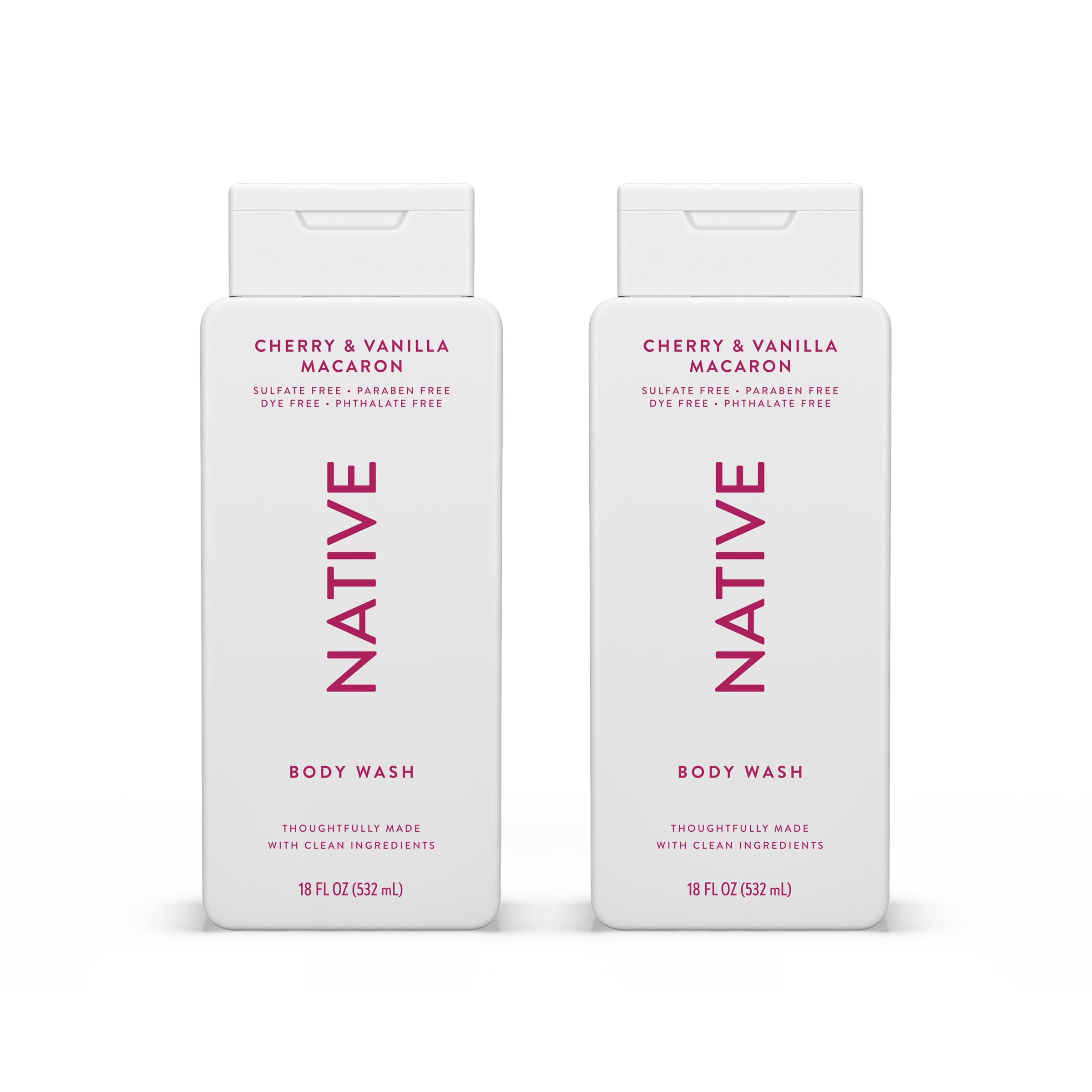 Native Body Wash Cherry Vanilla Macaron bottle pouring rich lather for hydrating shower routine.