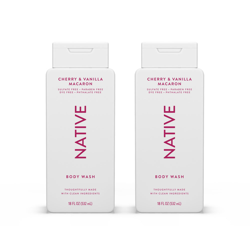 Native Body Wash Cherry Vanilla Macaron bottle pouring rich lather for hydrating shower routine.