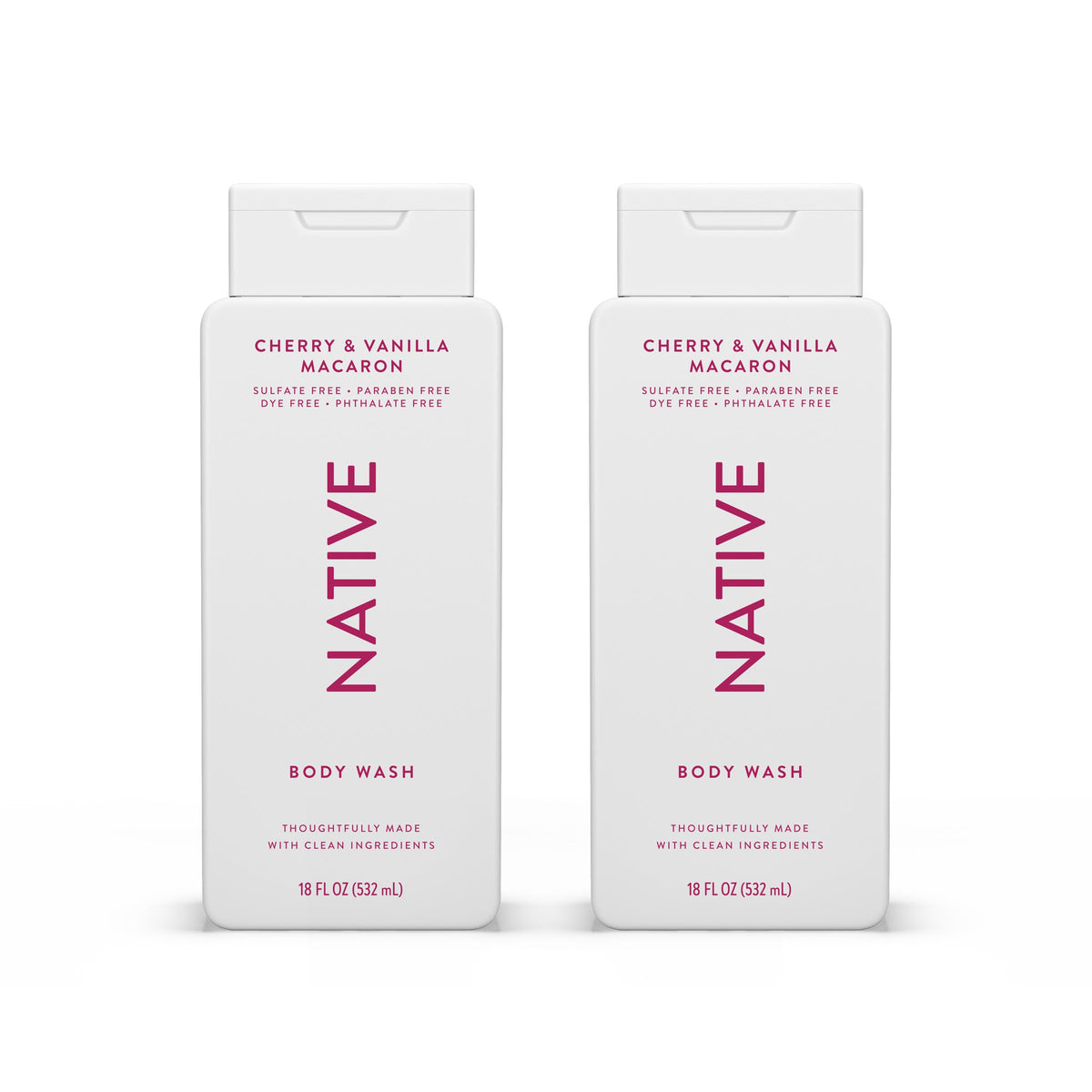 Native Body Wash Cherry Vanilla Macaron bottle pouring rich lather for hydrating shower routine.