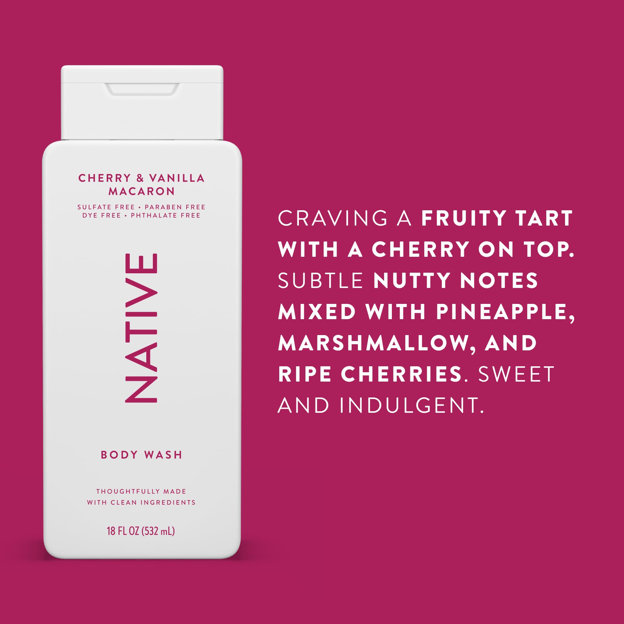 Native Body Wash Cherry Vanilla Macaron creamy foam hydrates and softens skin during a shower.