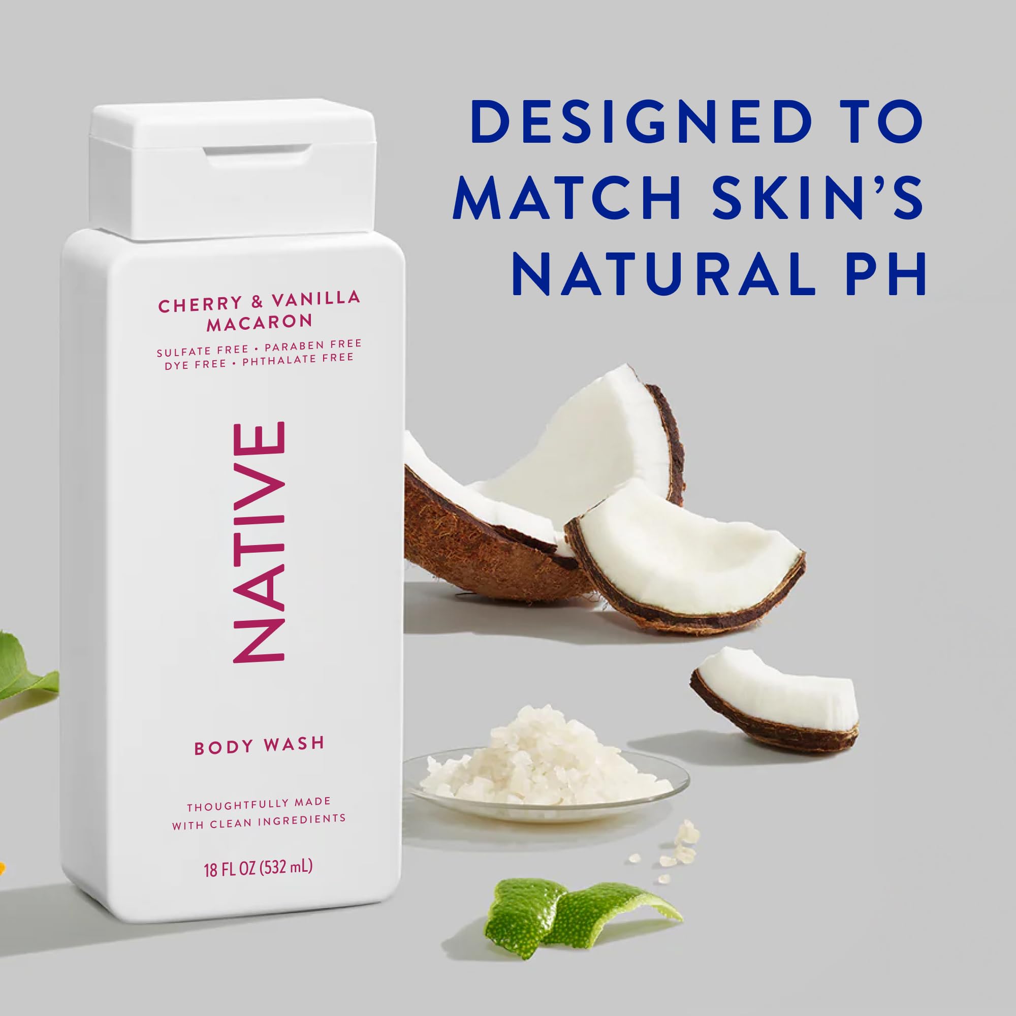 Native Body Wash Cherry Vanilla Macaron spa-like scent enhances daily shower experience.