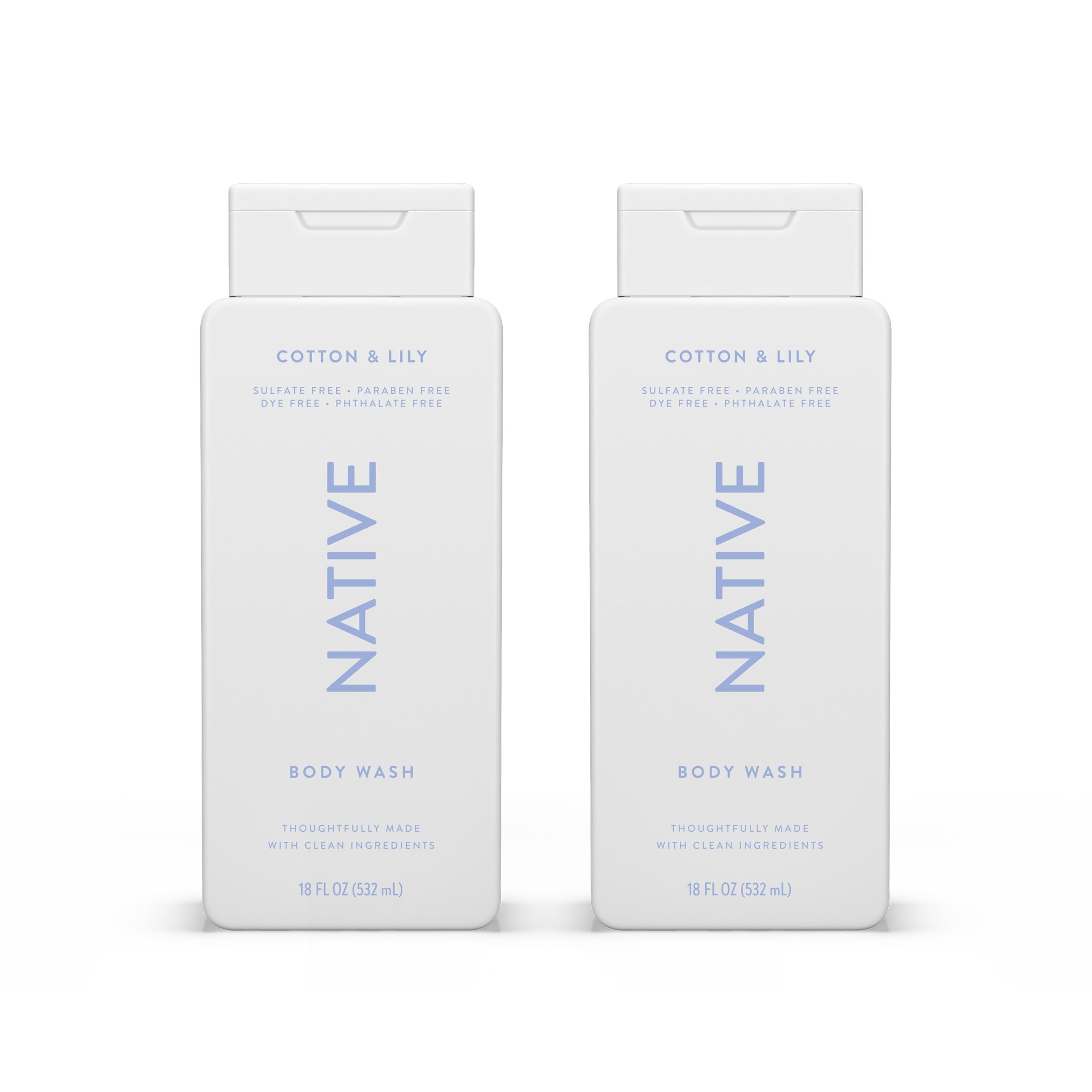 Native Body Wash Cotton & Lily bottle highlights sulfate-free cleanse for all skin types
