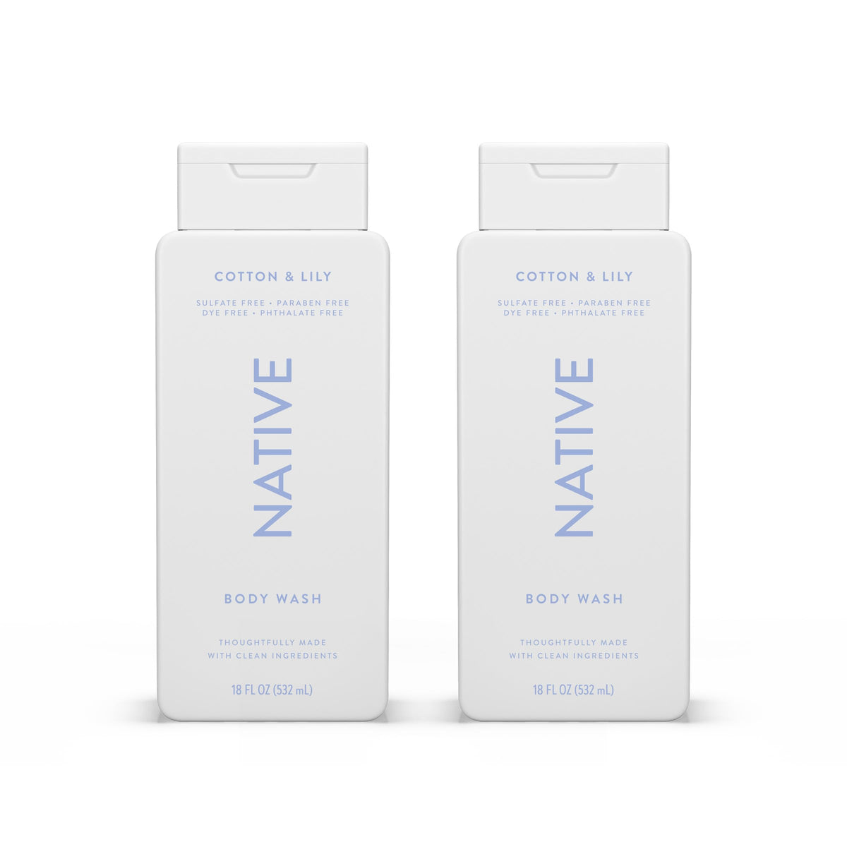 Native Body Wash Cotton & Lily bottle highlights sulfate-free cleanse for all skin types