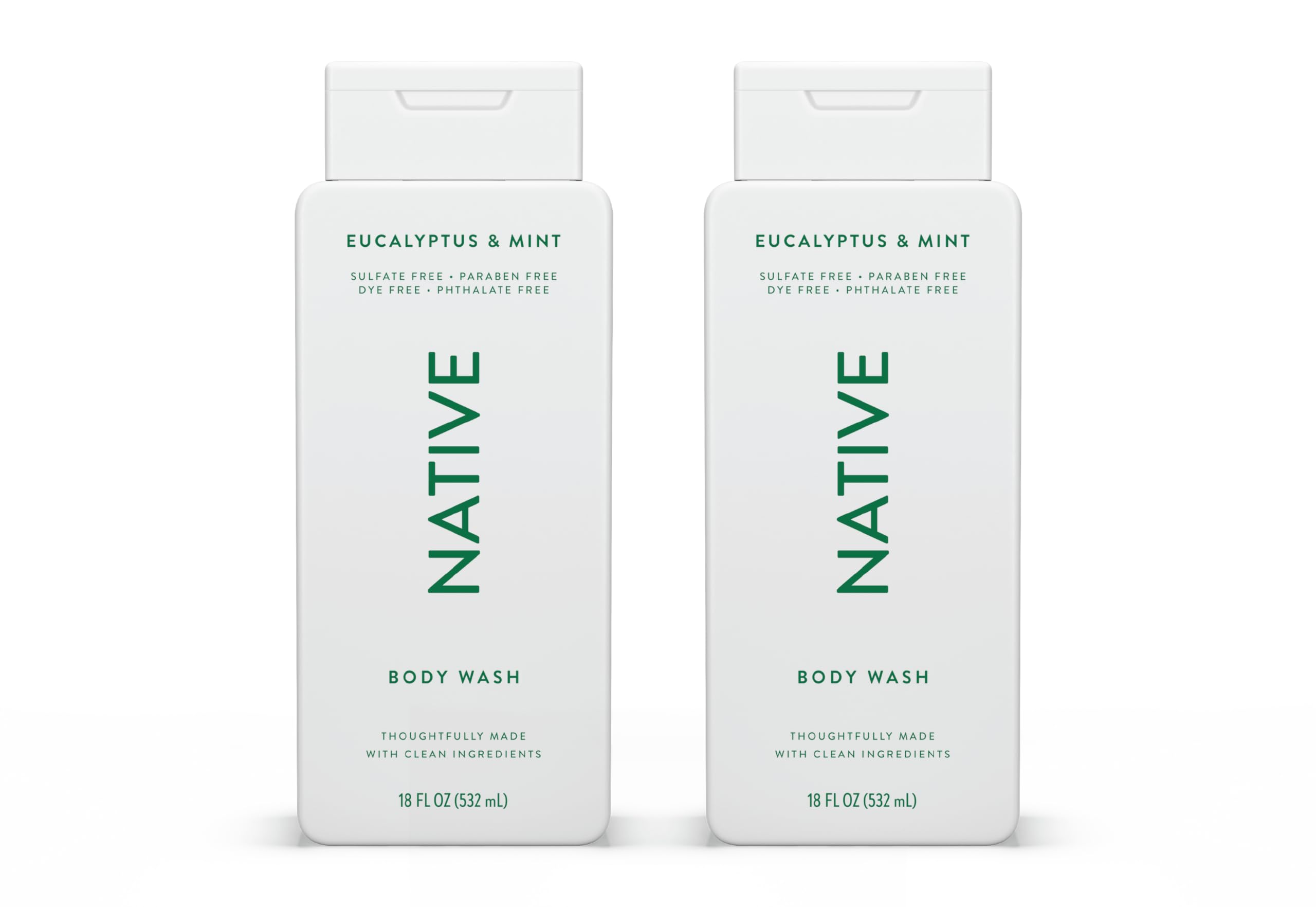 Native body wash eucalyptus-mint bottle in shower promotes a refreshing cleanse.