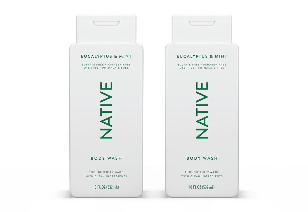 Native body wash eucalyptus-mint bottle in shower promotes a refreshing cleanse.