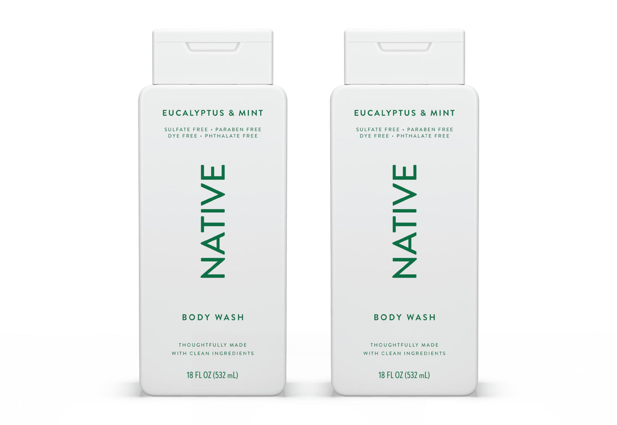 Native body wash eucalyptus-mint bottle in shower promotes a refreshing cleanse.