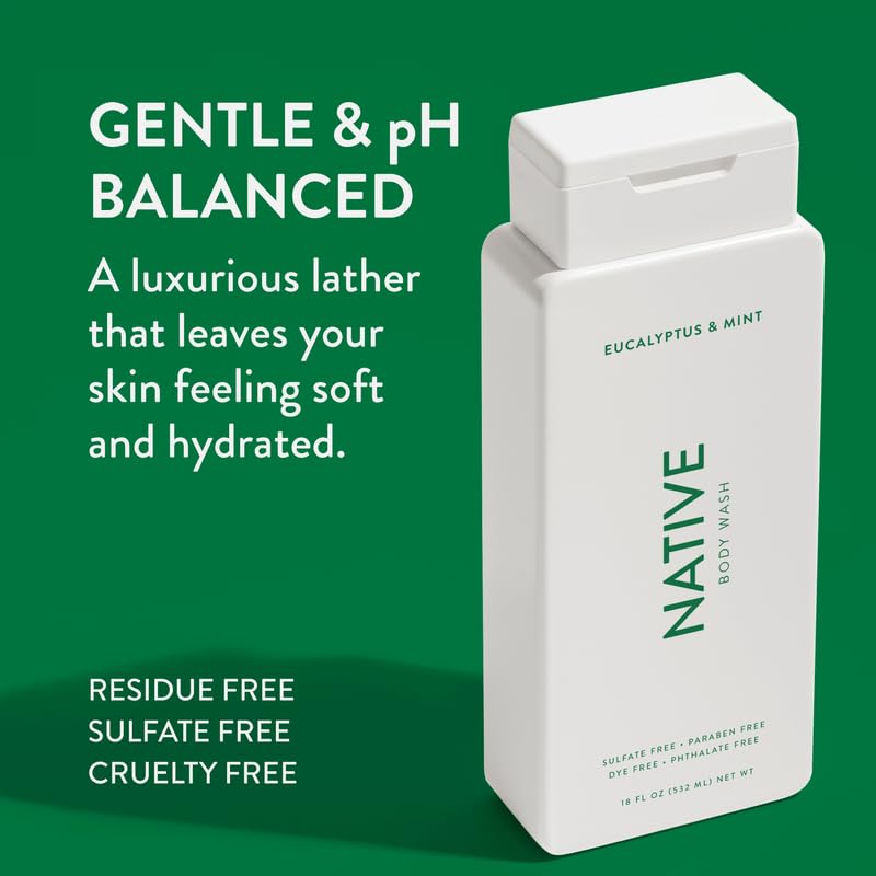 Native body wash eucalyptus-mint foam shows hydrating lather for softer skin.