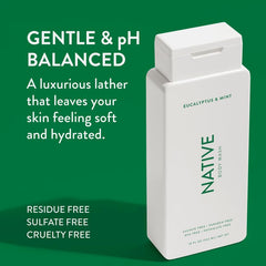 Native body wash eucalyptus-mint foam shows hydrating lather for softer skin.