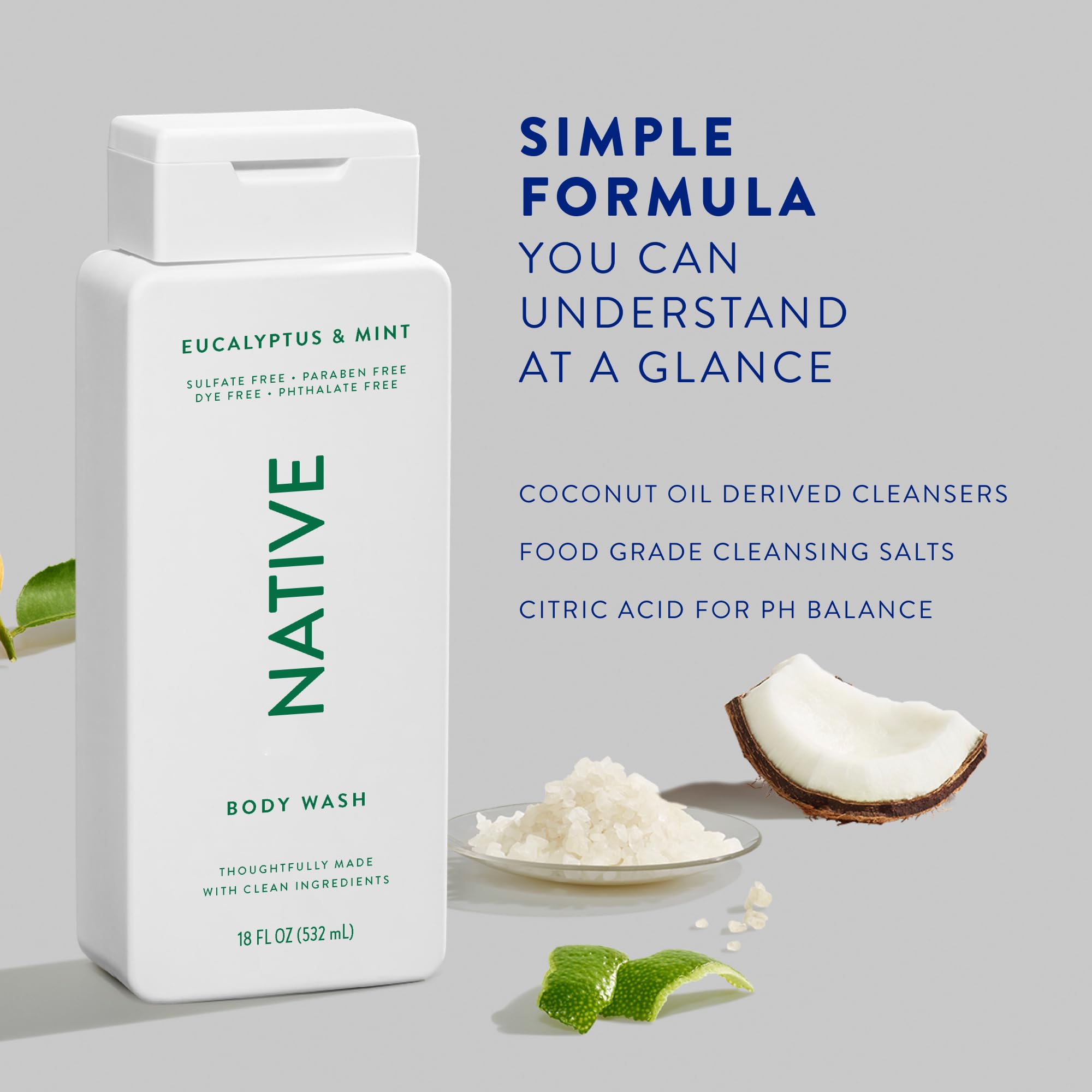 Native body wash ingredients coconut oil close-up emphasizes gentle cleansing.