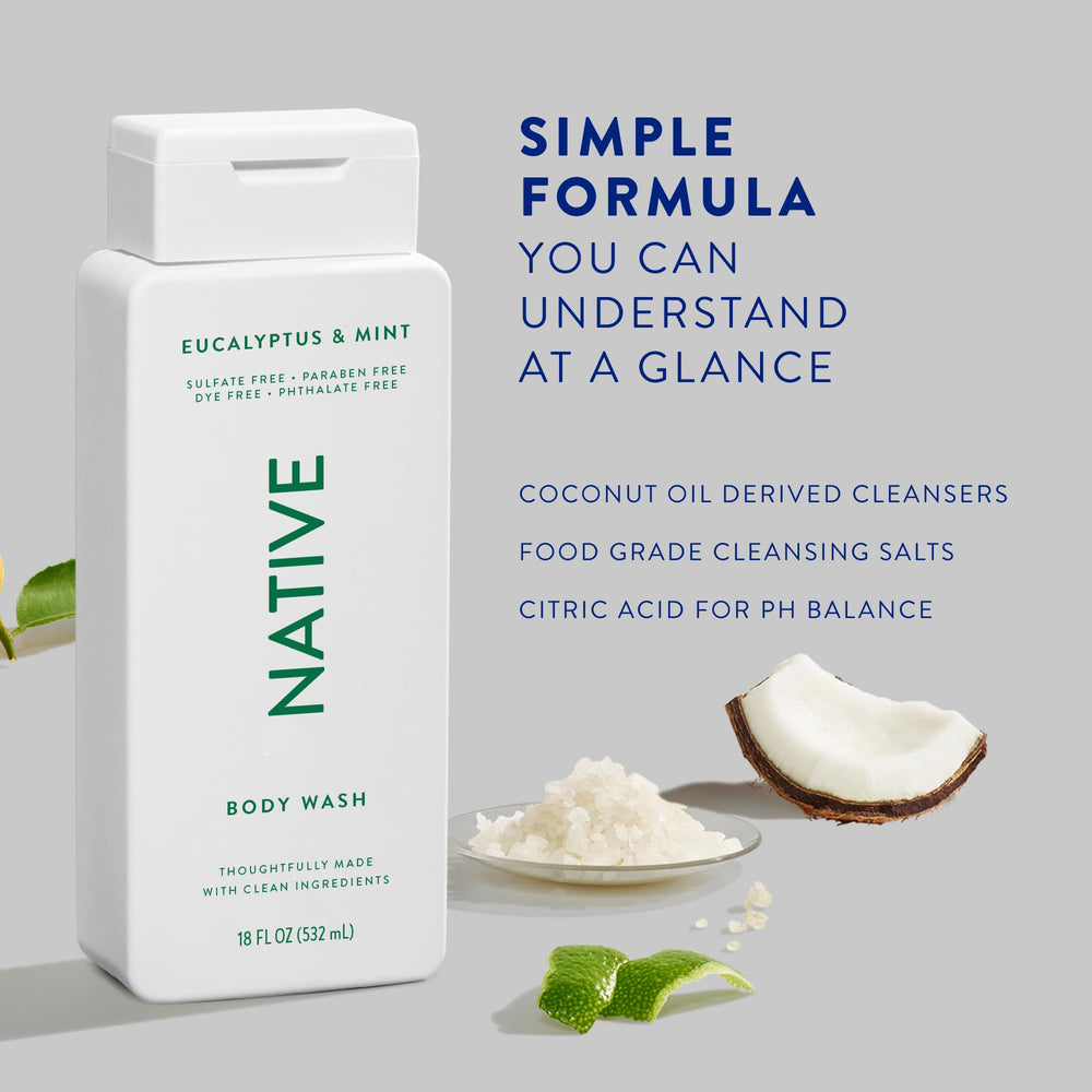 Native body wash ingredients coconut oil close-up emphasizes gentle cleansing.