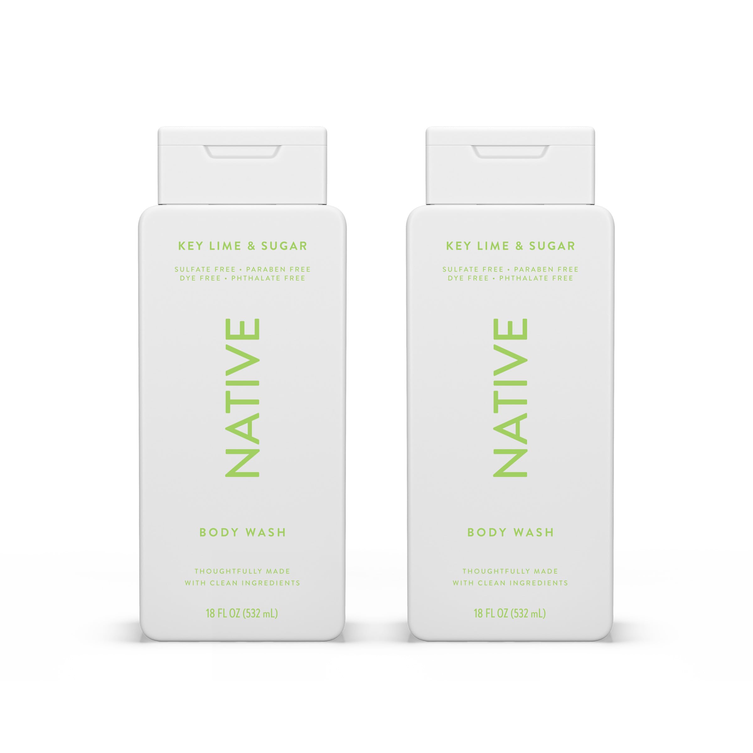 Native Body Wash Key Lime & Sugar bottle pour demonstrates refreshing cleanse for hydrated skin.