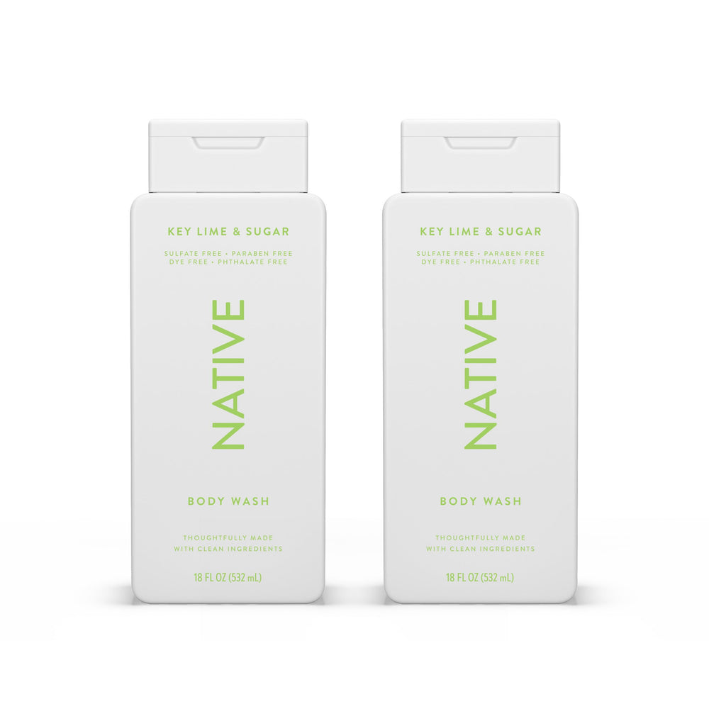 Native Body Wash Key Lime & Sugar bottle pour demonstrates refreshing cleanse for hydrated skin.