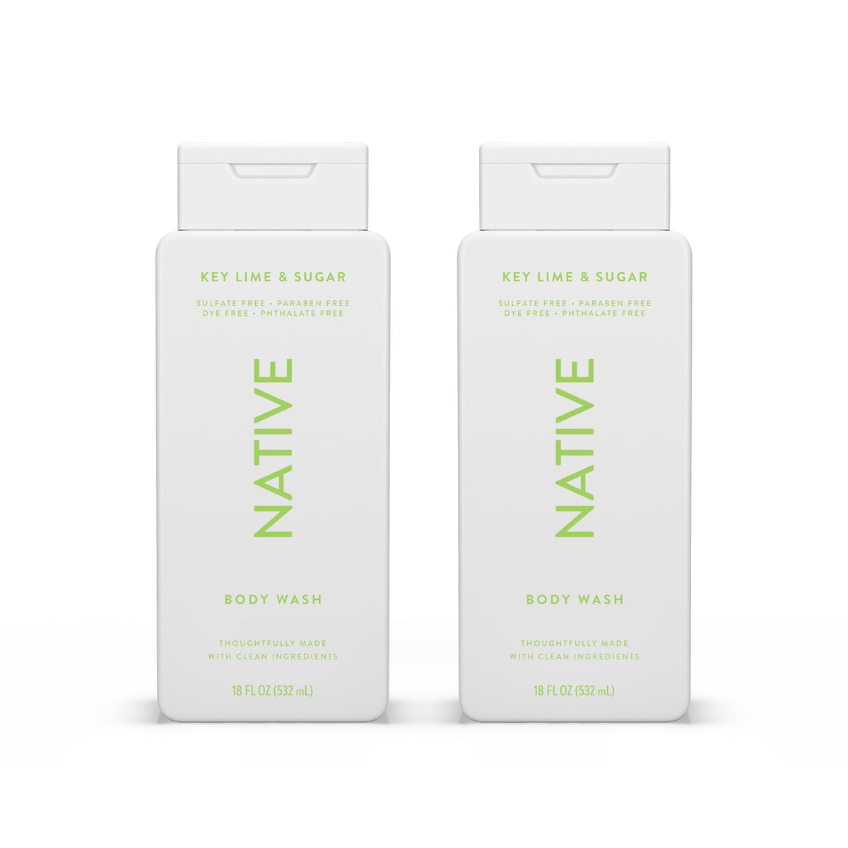 Native Body Wash Key Lime & Sugar bottle pour demonstrates refreshing cleanse for hydrated skin.