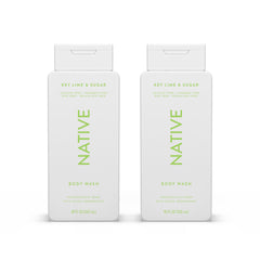 Native Body Wash Key Lime & Sugar bottle pour demonstrates refreshing cleanse for hydrated skin.