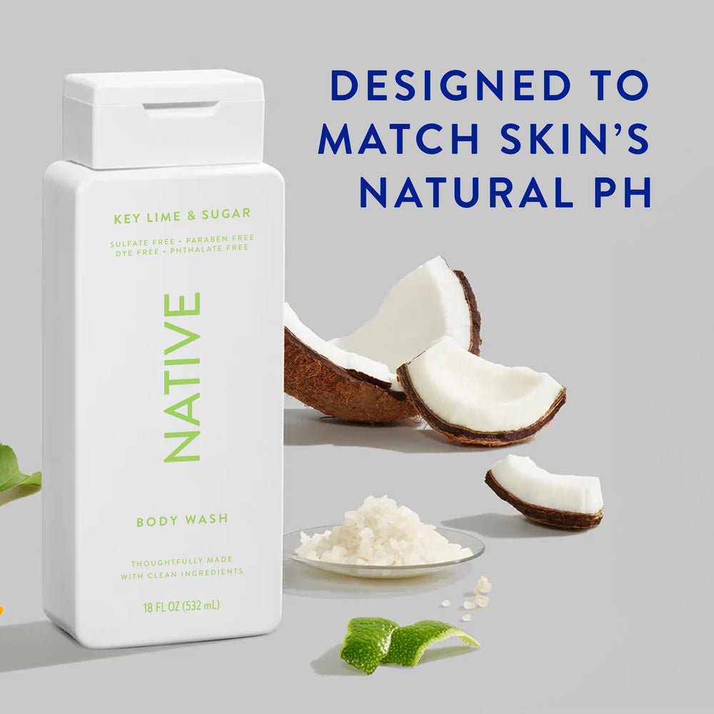 Native Body Wash Key Lime & Sugar lather close-up highlights rich plant-based cleansing.