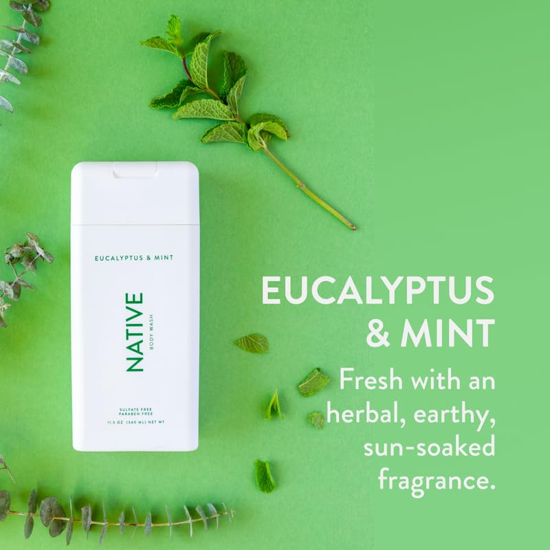 Native body wash label graphic highlights sulfate- and dye-free formula.