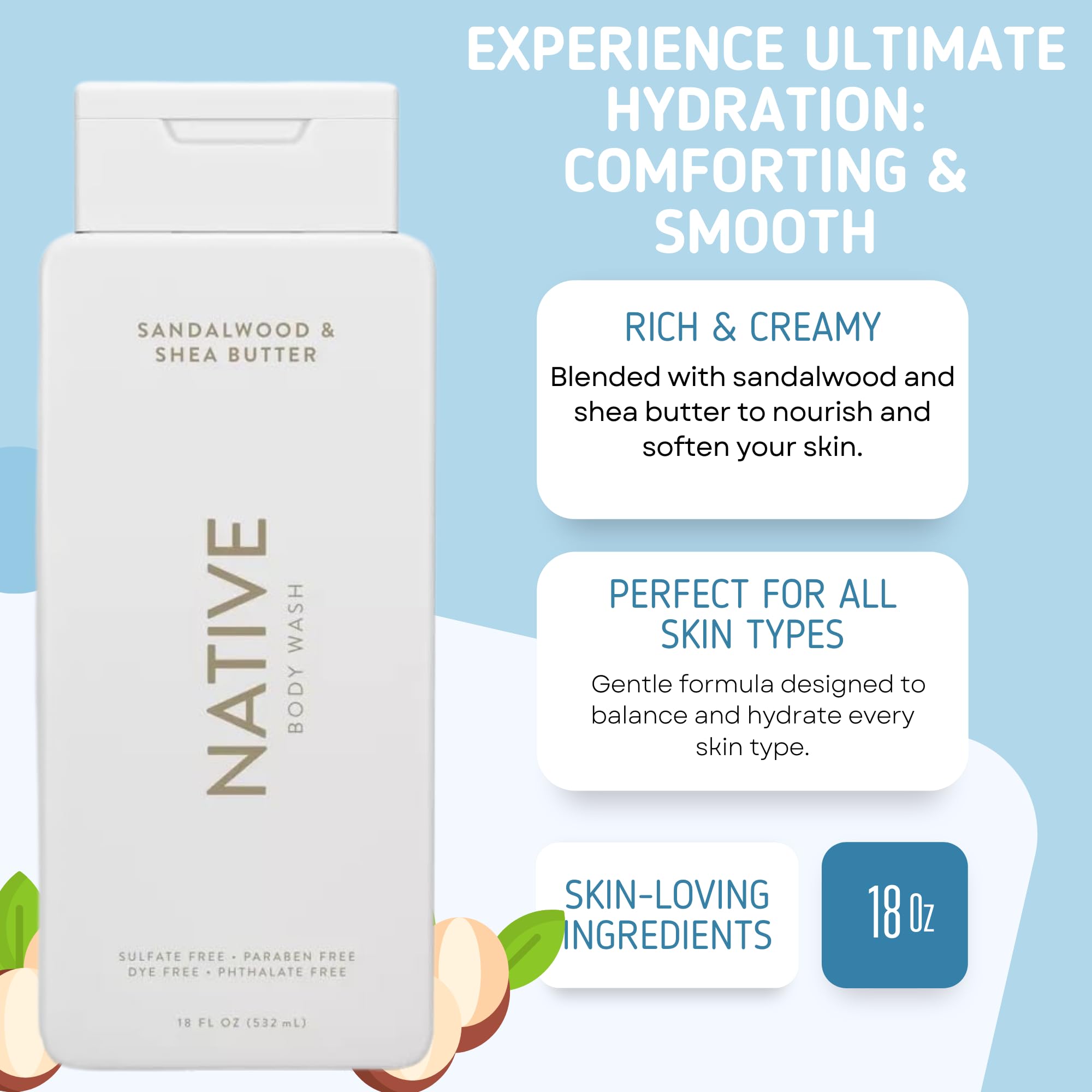 Native Body Wash lather foam demonstrates rich, sulfate-free cleansing suitable for sensitive skin.