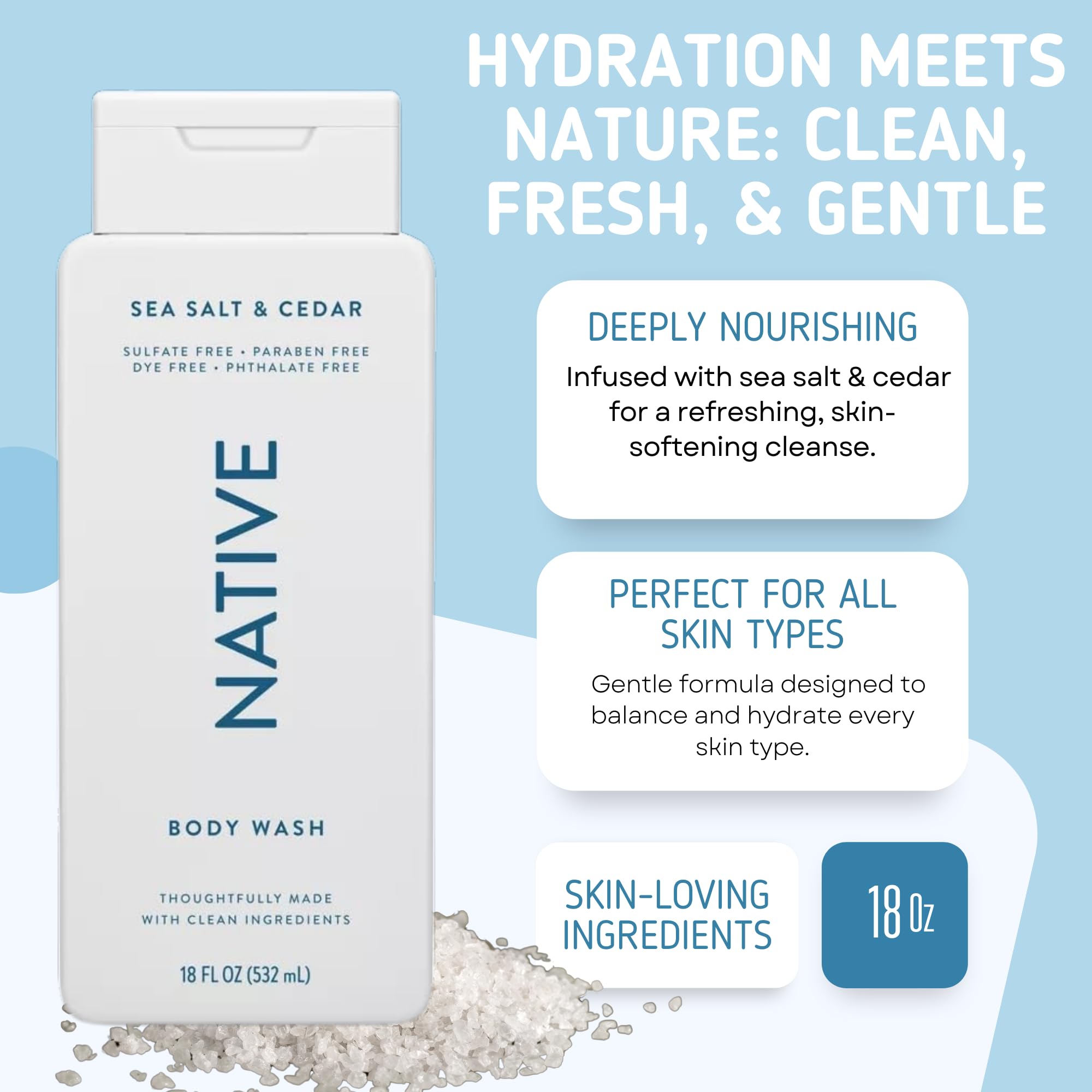 Native Body Wash Sandalwood Shea Butter bottle provides warm hydration and skin softness.