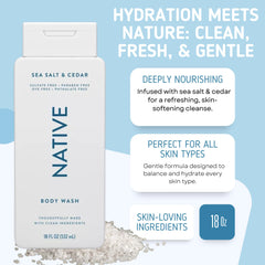 Native Body Wash Sandalwood Shea Butter bottle provides warm hydration and skin softness.
